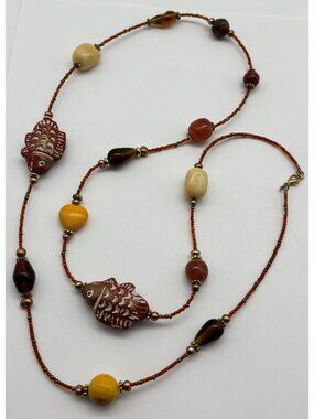 Handcrafted Ceramic Fish Beaded Necklace With Amber & Yellow Accent Beads 38.5"L